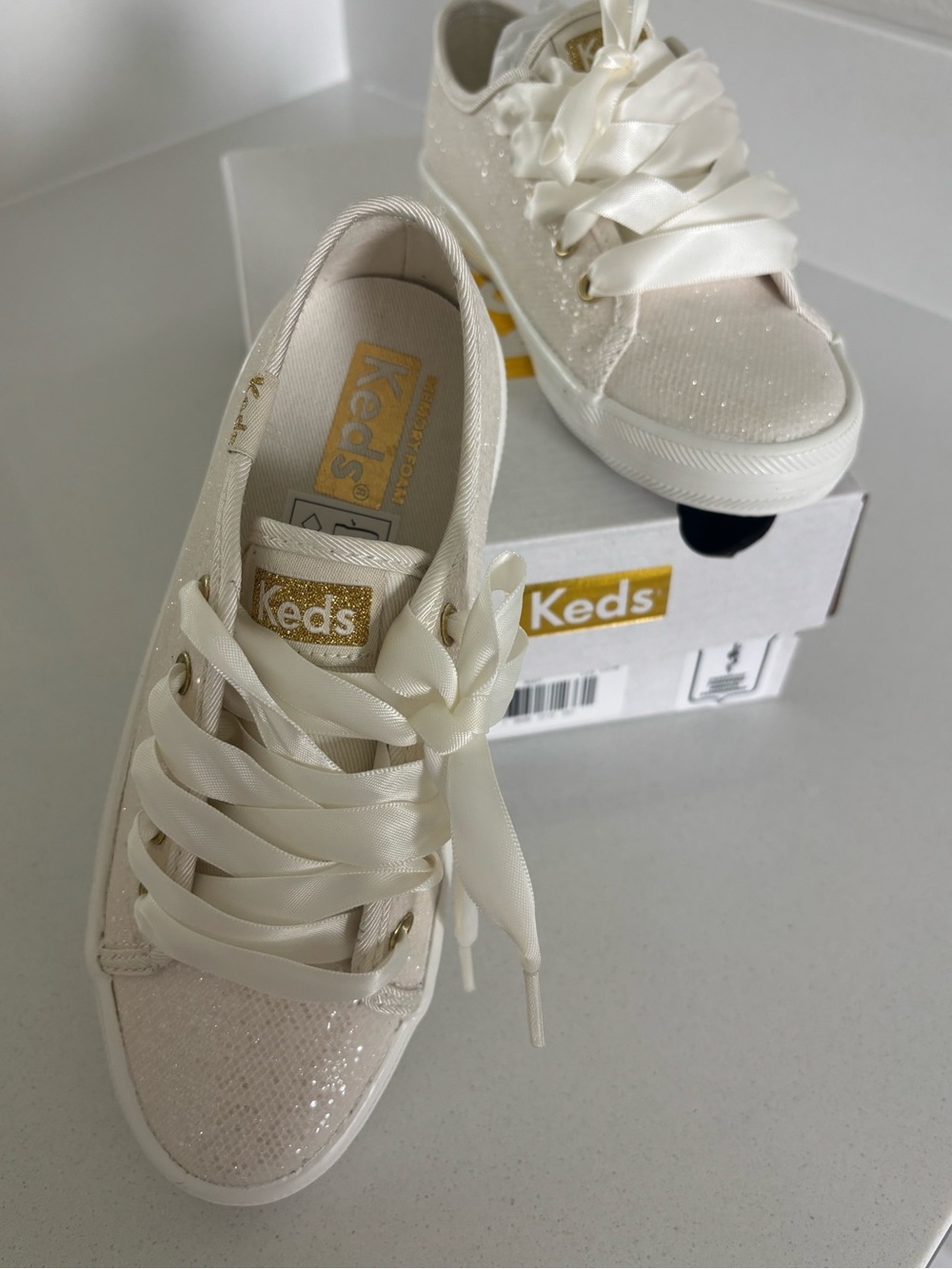 Keds Kids Satin Lace-Up Sneakers - Ivory Glitter